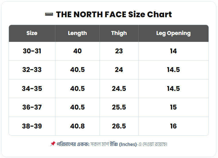 Size chart for The North Face Men’s Multi-Pocket Cargo Pants – Comfortable Regular Fit